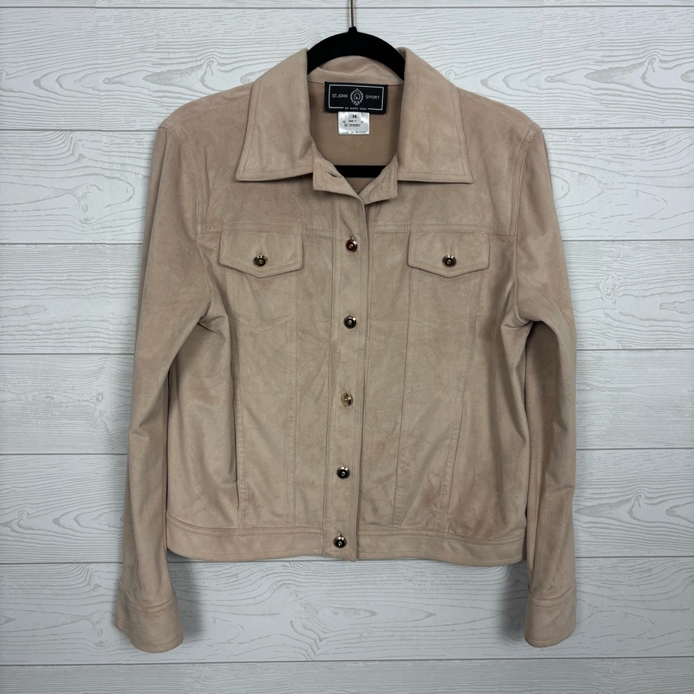 St. John Sport Tan Suede Button Up Collared Jacket Size Medium